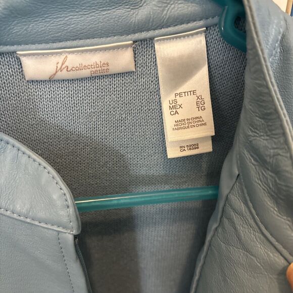 JH Collectibles Light Blue Leather Knit Jacket Full Zip Size XL Teal Petite EUC - Picture 2 of 5